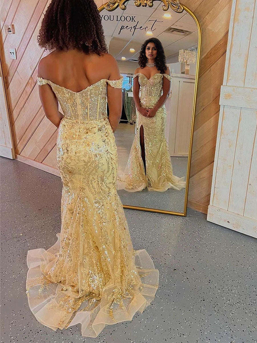 Mermaid Off-the-Shoulder Sequin Lace Long Porm Dress with Slit - View 2 | FashionDia
