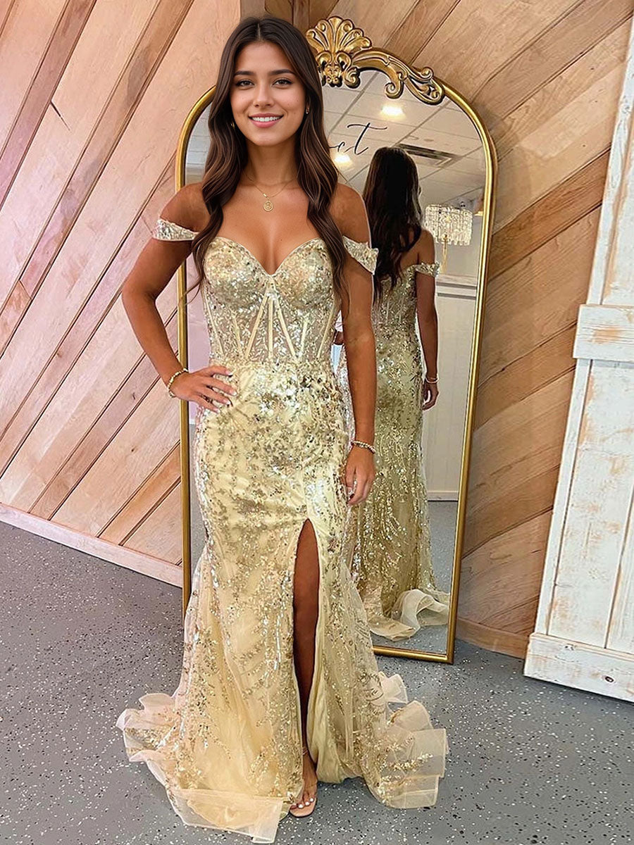 Mermaid Off-the-Shoulder Sequin Lace Long Porm Dress with Slit - FashionDia