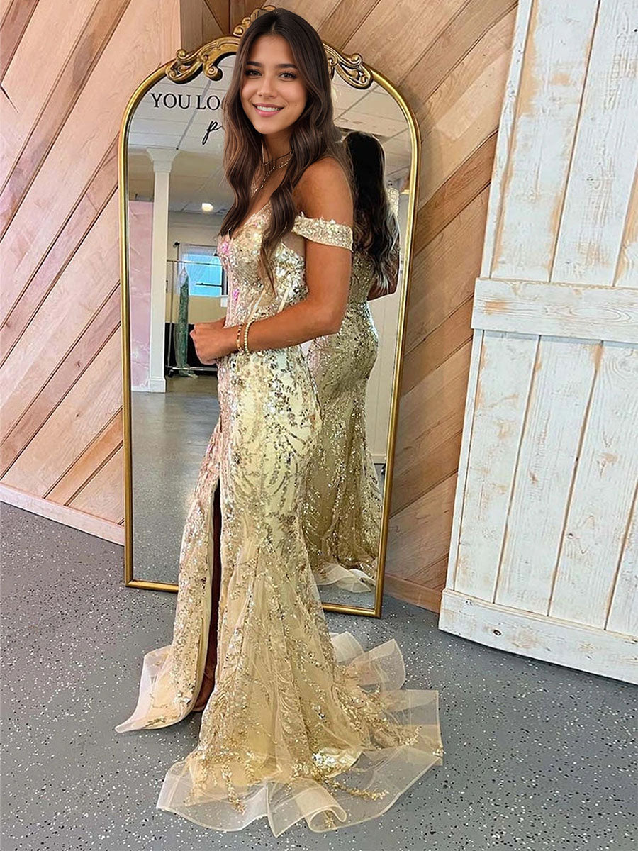 Mermaid Off-the-Shoulder Sequin Lace Long Porm Dress with Slit - View 3 | FashionDia
