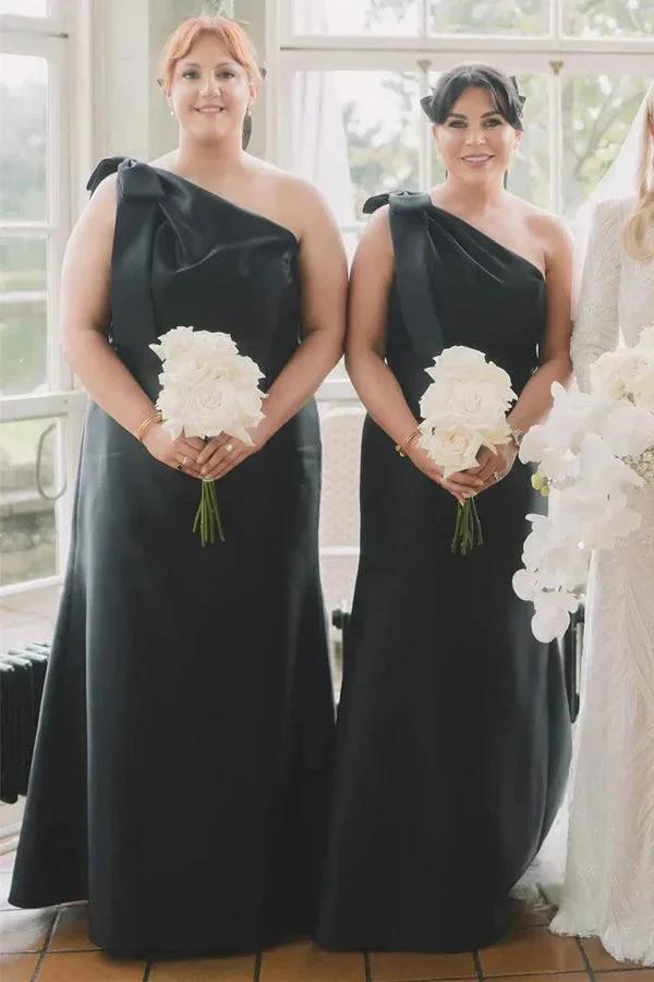 Mermaid One-Shoulder Bow Strap Black Bridesmaid Dress BD125 by pgmdress