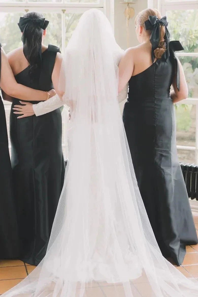 Mermaid One-Shoulder Bow Strap Black Bridesmaid Dress (ZD12835)