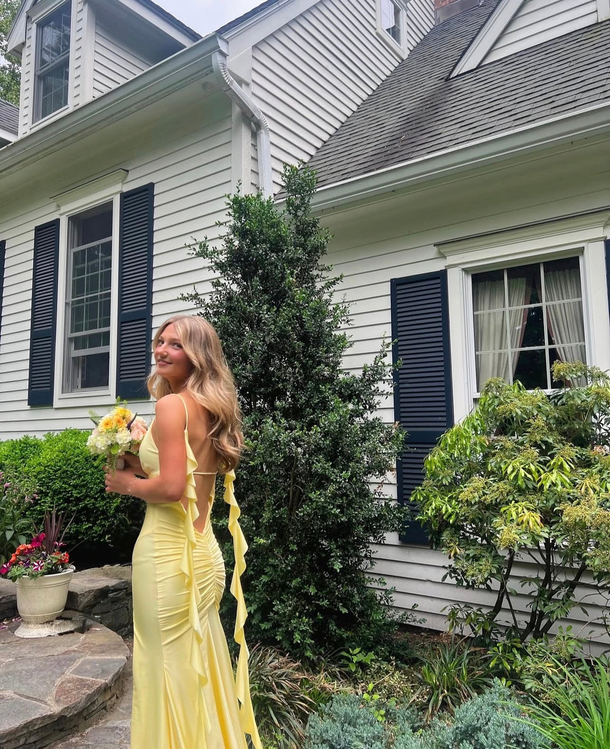 Mermaid Open Back Yellow Satin Prom Dress With Ruffle Straps