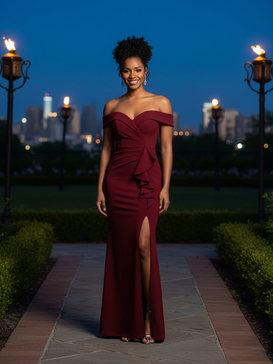 Mermaid Satin Ruffles Maxi Mother of the Bride Dress with Slit - FashionDia