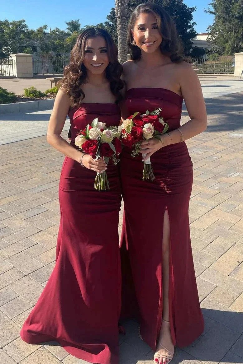 Mermaid Satin Strapless Burgundy Bridesmaid Dress with Slit BD126 by pgmdress