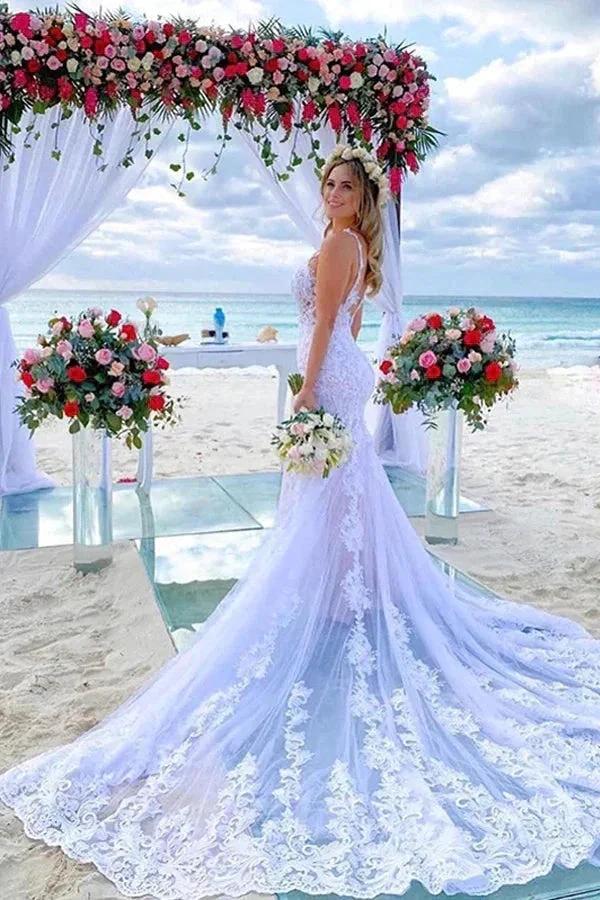Mermaid Spaghetti Straps Lace Wedding Dress Beach Bridal Gown (ZD16174) - VelvetHem