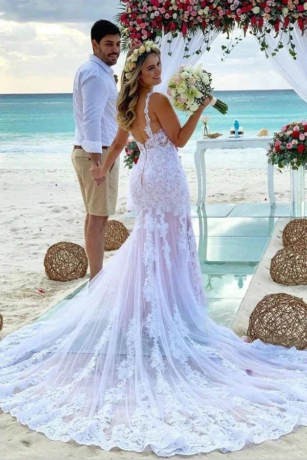 Mermaid Spaghetti Straps Lace Wedding Dress Beach Bridal Gown (ZD16174) - View 2 | VelvetHem