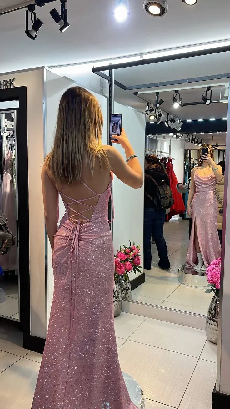 Mermaid Spaghetti Straps Pink Sparkle Long Prom Dress Open Back Evening Dress J10360