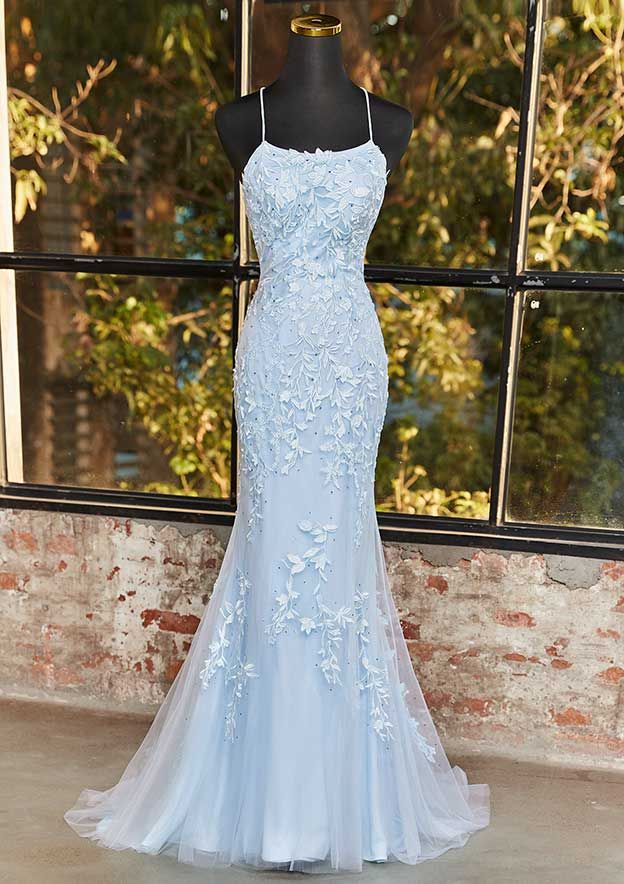 Mermaid Spaghetti Straps Sky Blue Open Backs Prom & Evening Dress