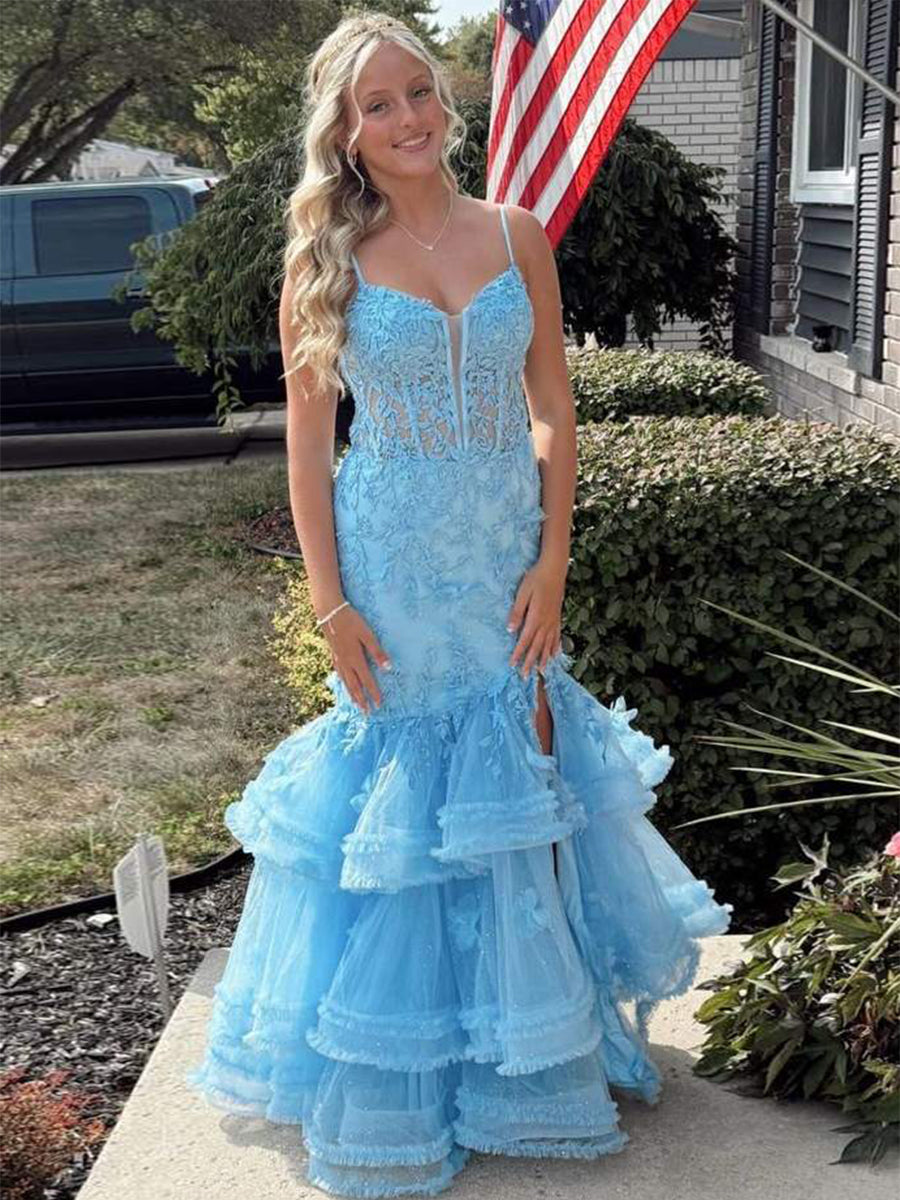 Mermaid Spaghetti Straps V-Neck Lace Appliques Ruffles Prom Dress