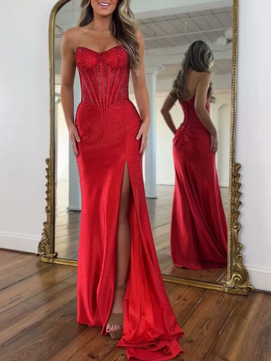 Mermaid Strapless Corset Beaded Long Prom Dress with Slit
