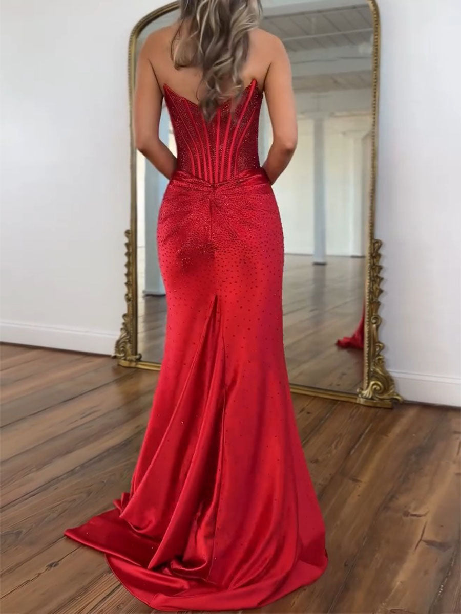 Mermaid Strapless Corset Beaded Long Prom Dress with Slit