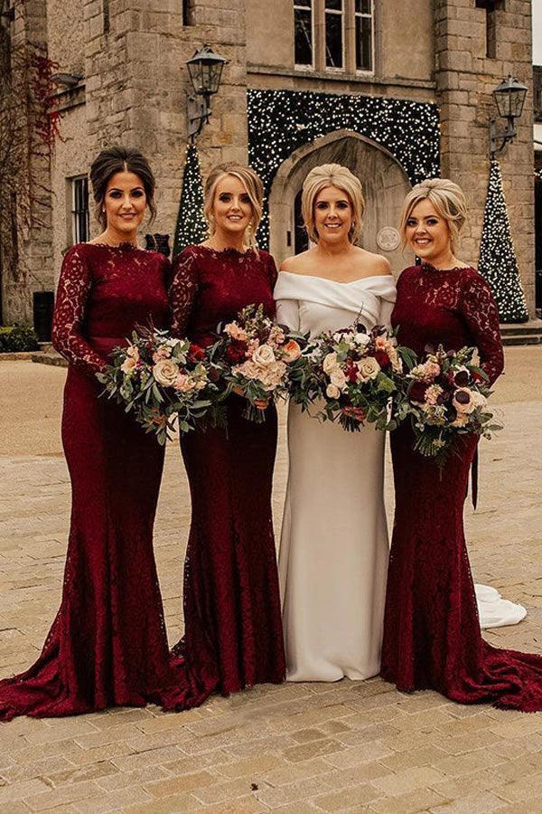 Mermaid Sweep Train Lace Long Sleeve Burgundy Bridesmaid Dresses (ZD13263)