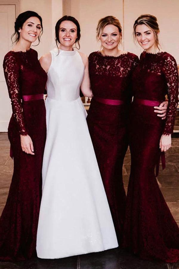 Mermaid Sweep Train Lace Long Sleeve Burgundy Bridesmaid Dresses BD090 by pgmdress