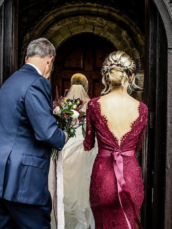 Mermaid Sweep Train Lace Long Sleeve Burgundy Bridesmaid Dresses (ZD13263)