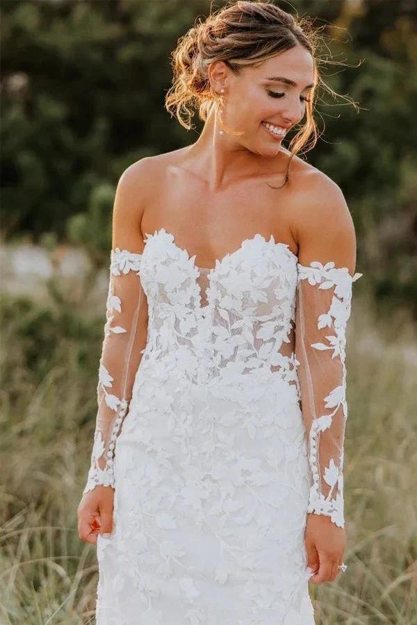 Mermaid Sweetheart Tulle Appliques Long Sleeve Wedding Dress WD726 by pgmdress