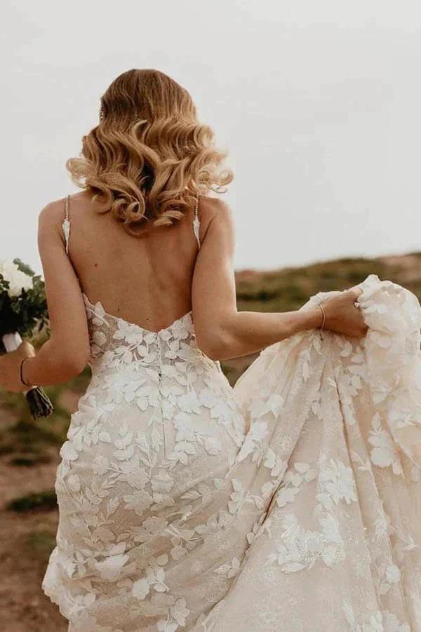 Mermaid V-neck Open Back Lace Appliques Bohemian Wedding Dresses (ZD16176)