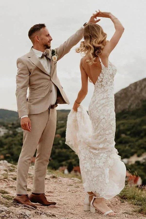 Mermaid V-neck Open Back Lace Appliques Bohemian Wedding Dresses (ZD16176)