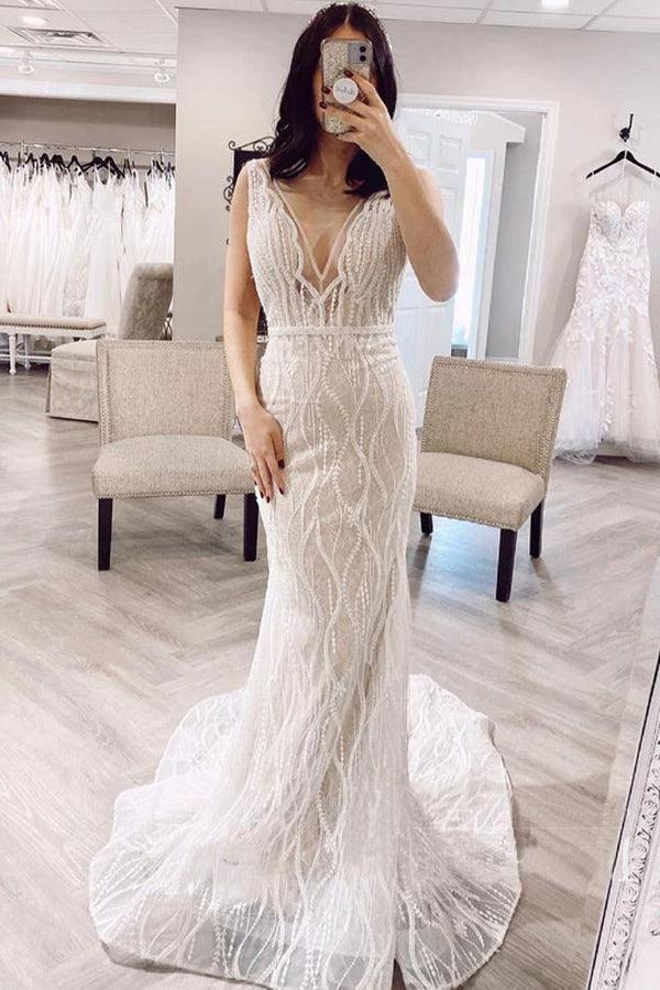 Mermaid V Neck Lace Wedding Dresses Backless Bridal Gown (ZD16206) - VelvetHem