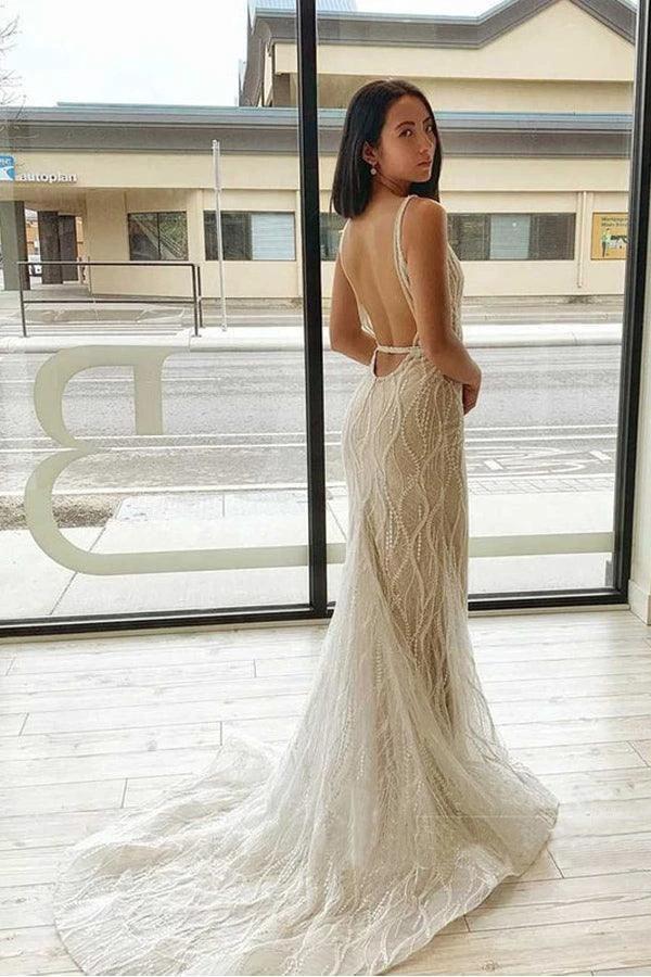 Mermaid V Neck Lace Wedding Dresses Backless Bridal Gown (ZD16206)