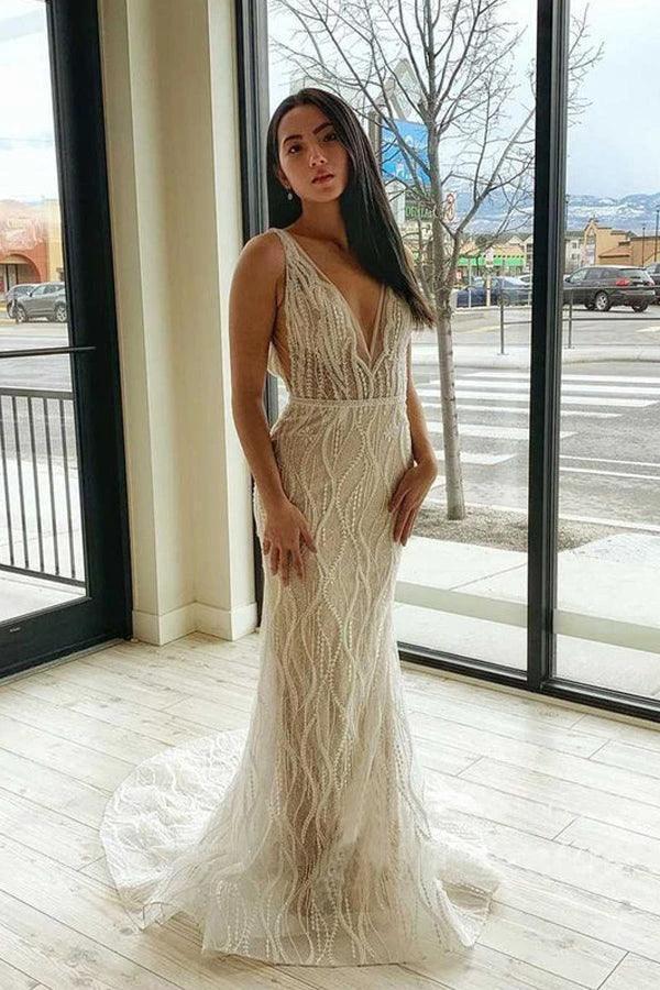 Mermaid V Neck Lace Wedding Dresses Backless Bridal Gown (ZD16206) - View 2 | VelvetHem