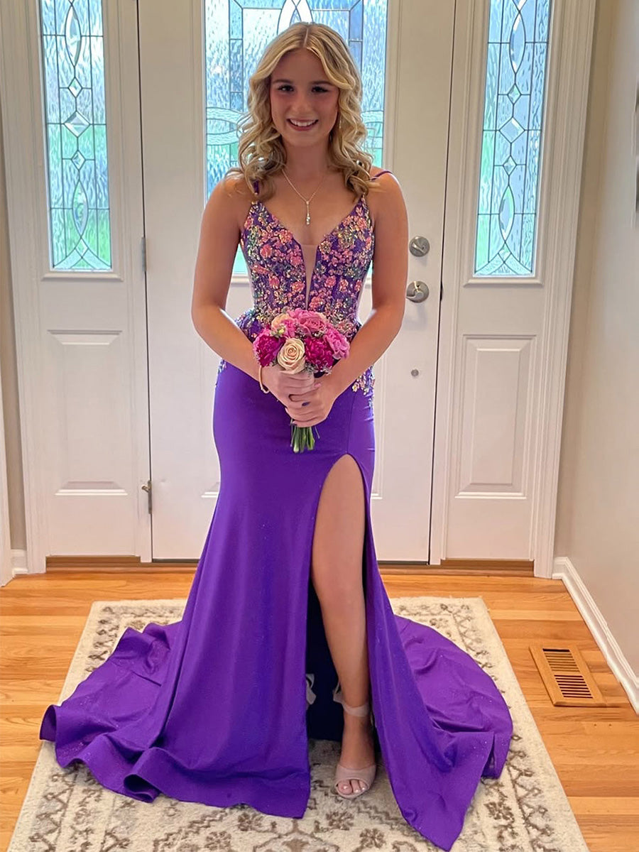 Mermaid V Neck Satin Long Prom Dress with Appliques