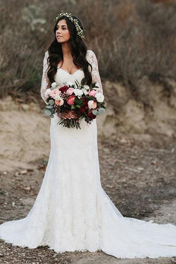 Mermaid V Neck Wedding Dress Long Sleeve Lace Bridal Gown (ZD16195)