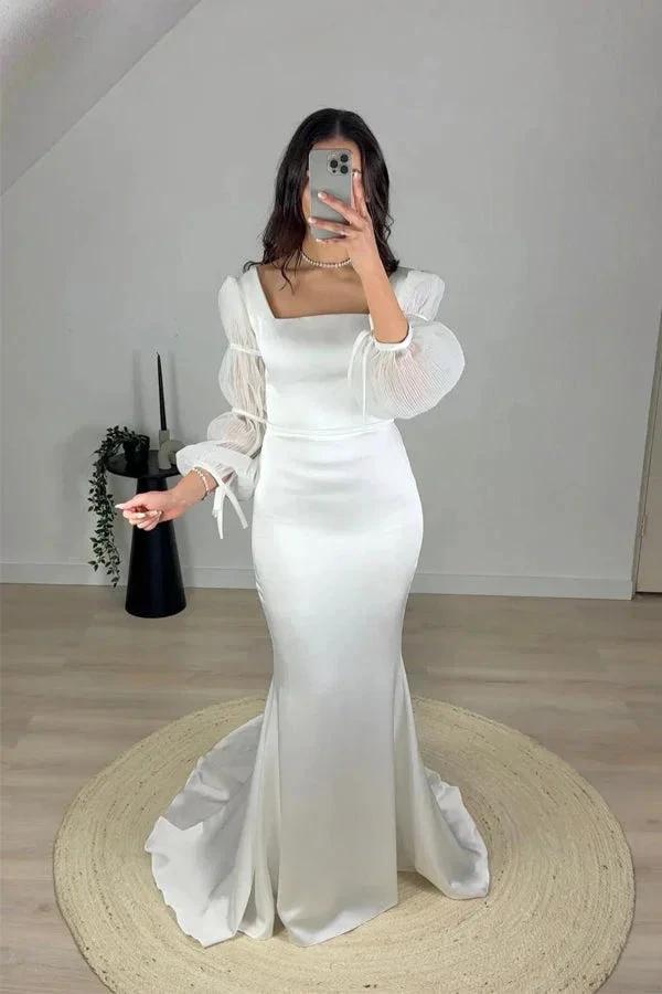 Mermaid White Square Neck Long Sleeves Wedding Dress WD755 by pgmdress