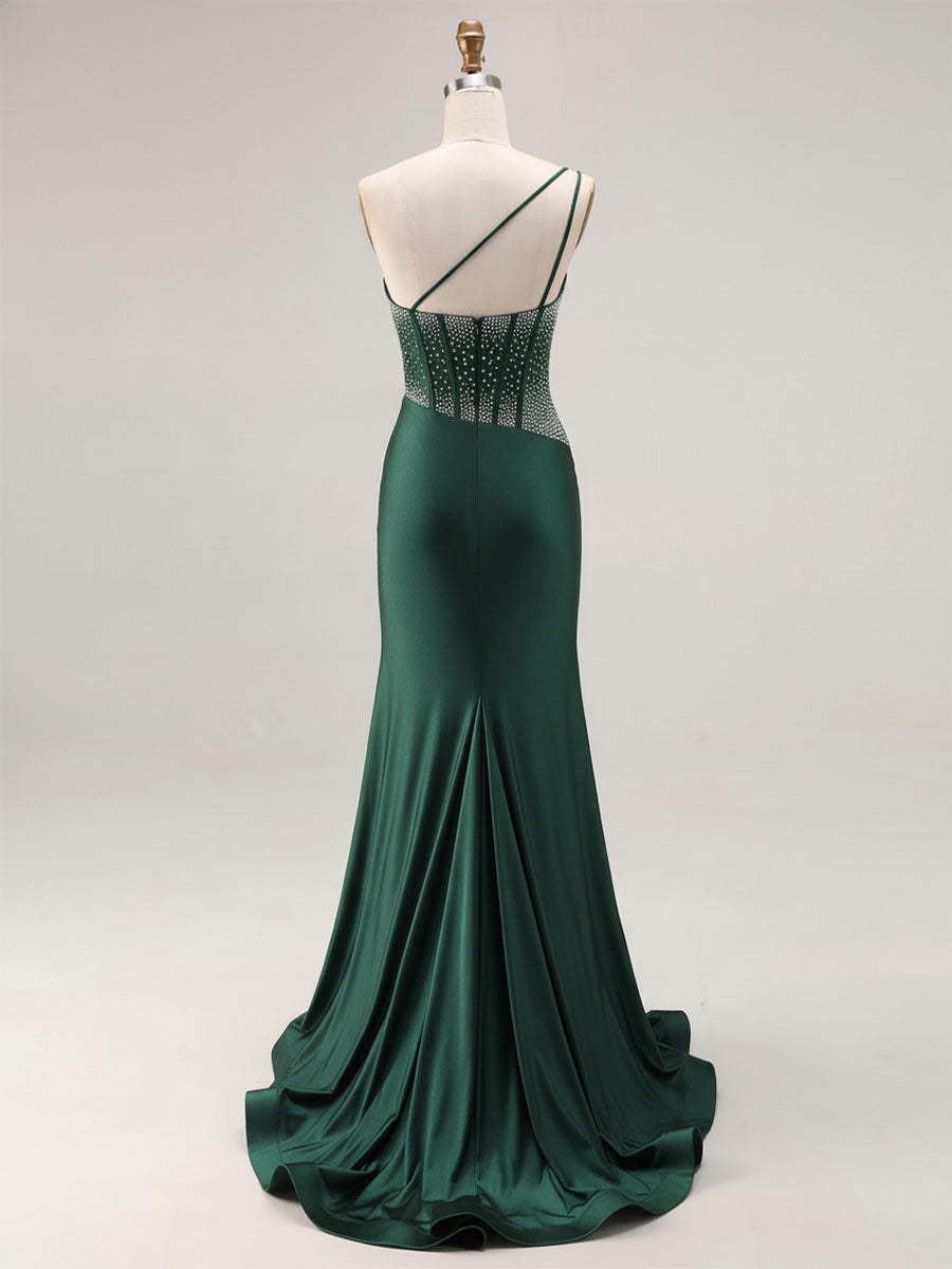 Mermaid One Shoulder Corset Long Prom Dress With Beading