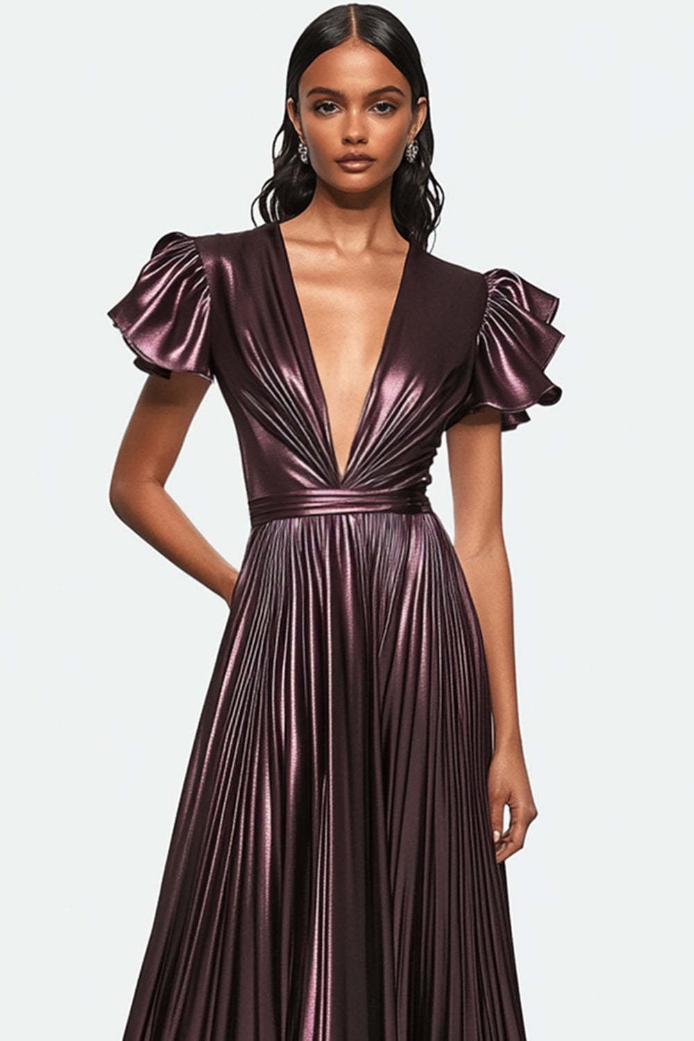 Metallic Dusty Purple Wedding Guest Dress V-Neck Pleated Satin Formal Dress