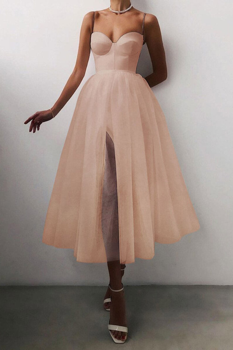 Midi Spaghetti Straps A-Line Prom Party Dresses - Fashionpara