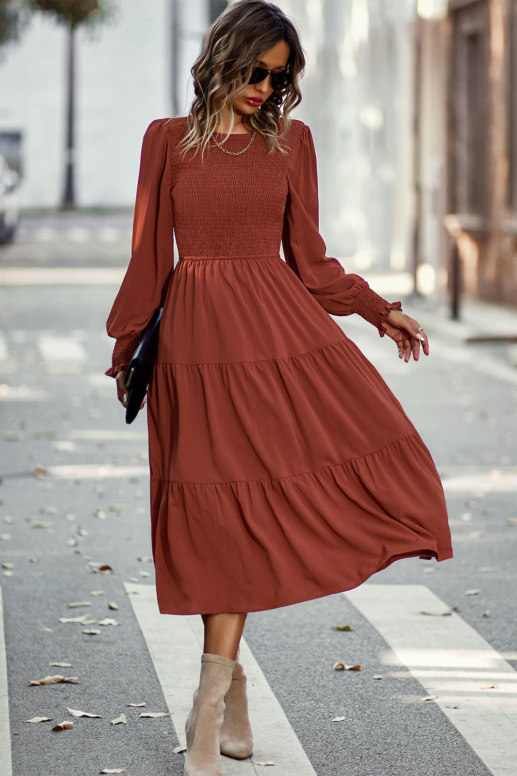 Midi Blue Long Sleeve A-Line Dress - Fashionpara