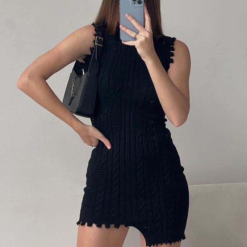 DressBetty - Mini Dress Women Elegant Solid Black Knit Bodycon Dresses - View 7 | VelvetHem
