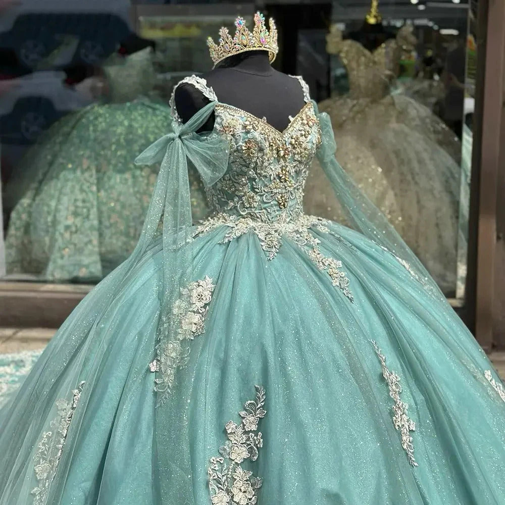 Mint Green Quinceanera Dresses Ball Gown 2024 Glitter Tulle Sweetheart 3D Flowers Lace Appliques Beaded Sweet 16 Dress For Women