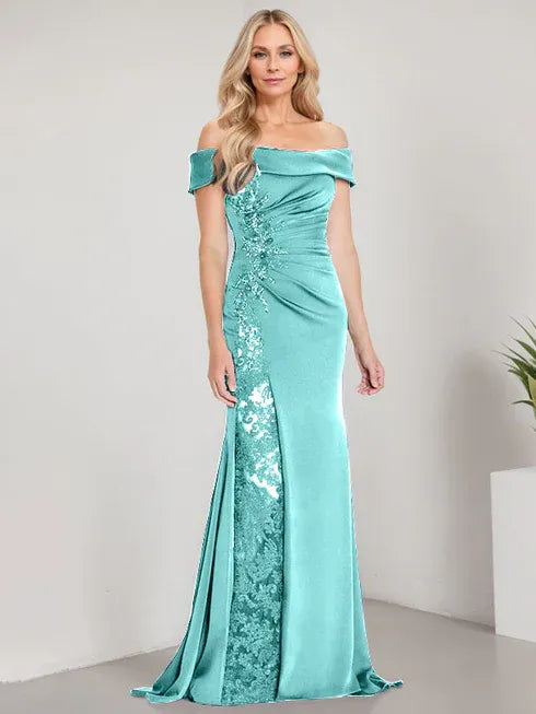 A-Line Off the Shoulder Floor-Length Mother of the Bride Dress Applique Beadings Mermaid Dress With High Split