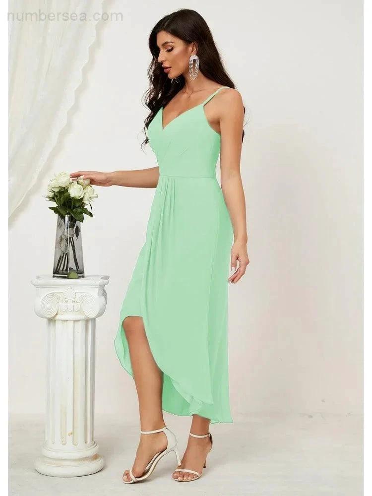 ZapDress Spaghetti Chiffon V Neck Bridesmaid Dress Mid-Length Slit Formal Prom Dress Homecoming Dress 2803 (ZD16952)