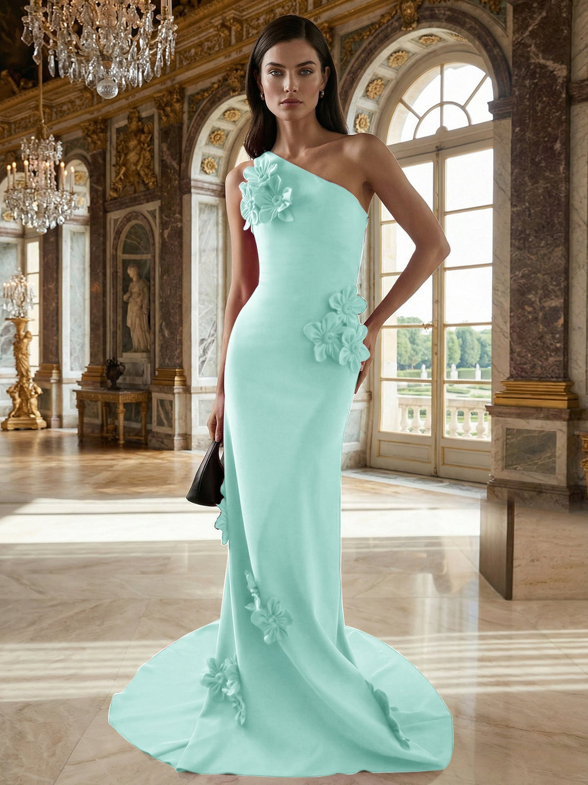A-Line One-Shoulder Sleeveless Floor-Length Stretch Crepe Dress With 3D Flowers