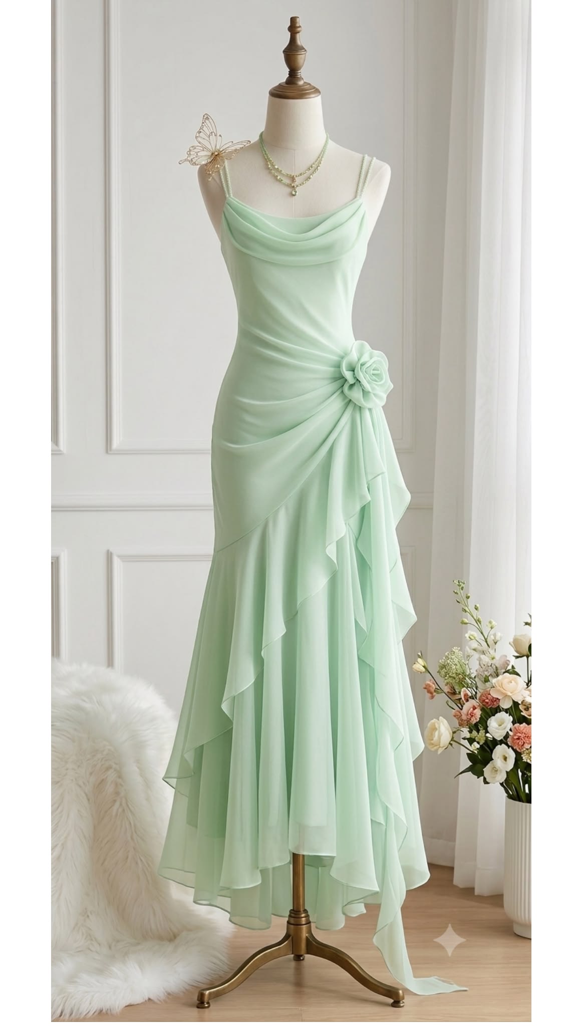 Mint Green Chiffon Prom Dress Ruffled Evening Dress