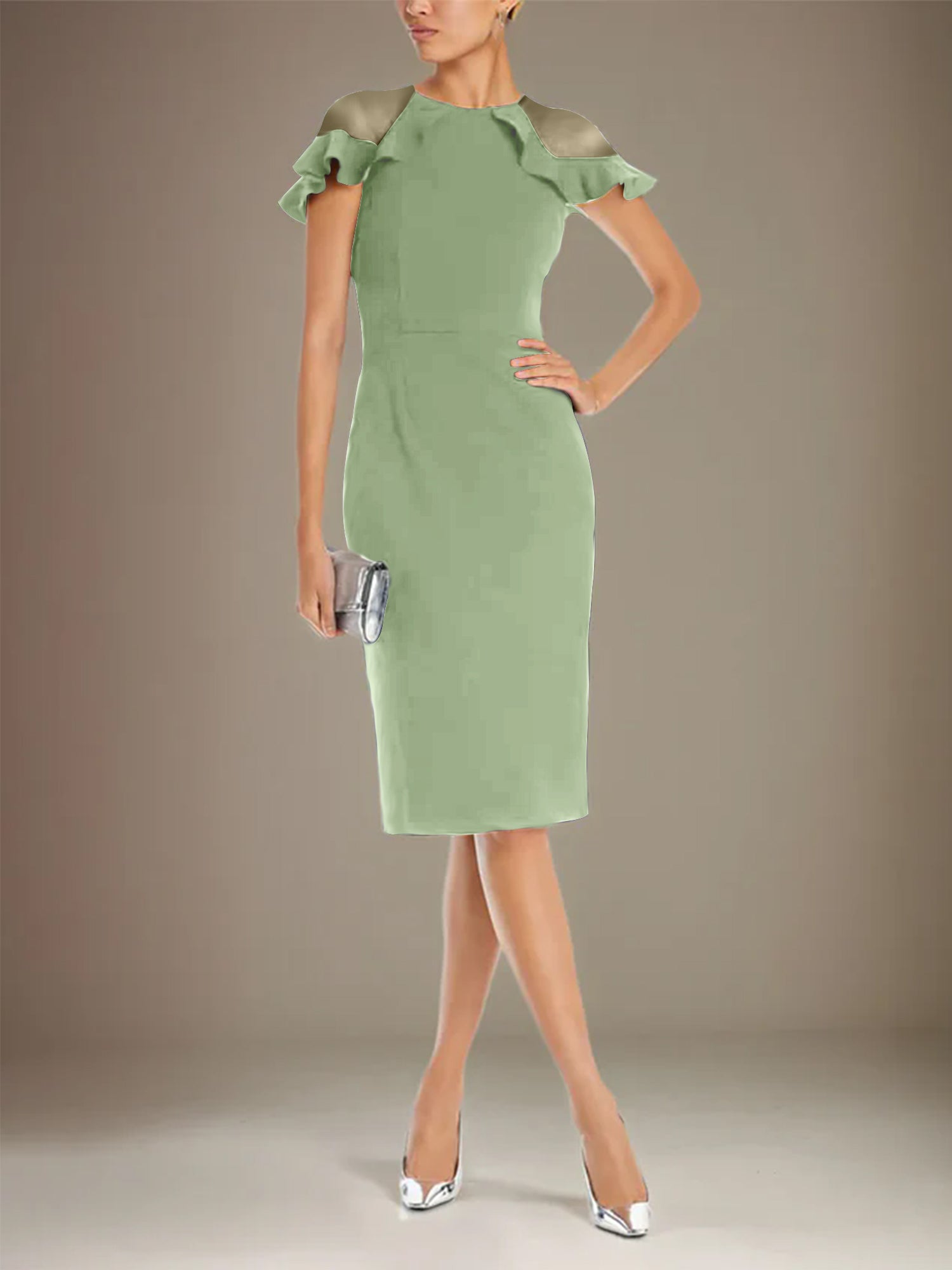 Sheath/Column Stretch Crepe Scoop Short Sleeves Knee Length Dress