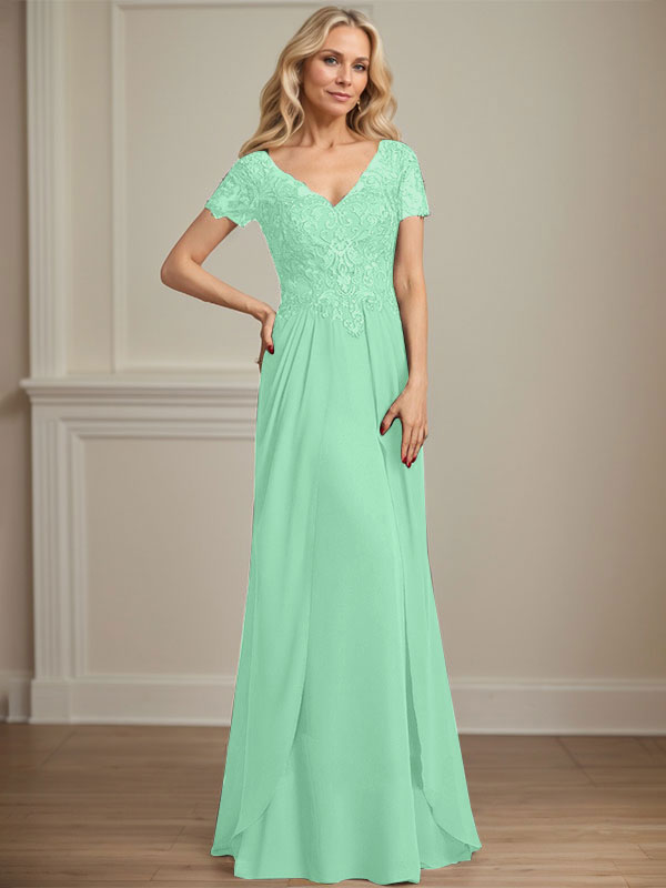 A-line V-Neck Floor-Length Chiffon Lace Mother of the Bride Dress - View 12 | FashionDia