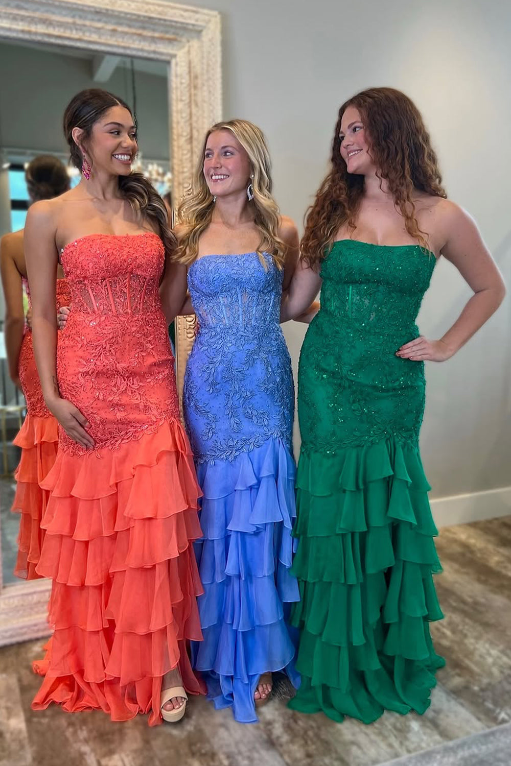 Mint Green Mermaid Strapless Lace Top Long Tiered Prom Dress