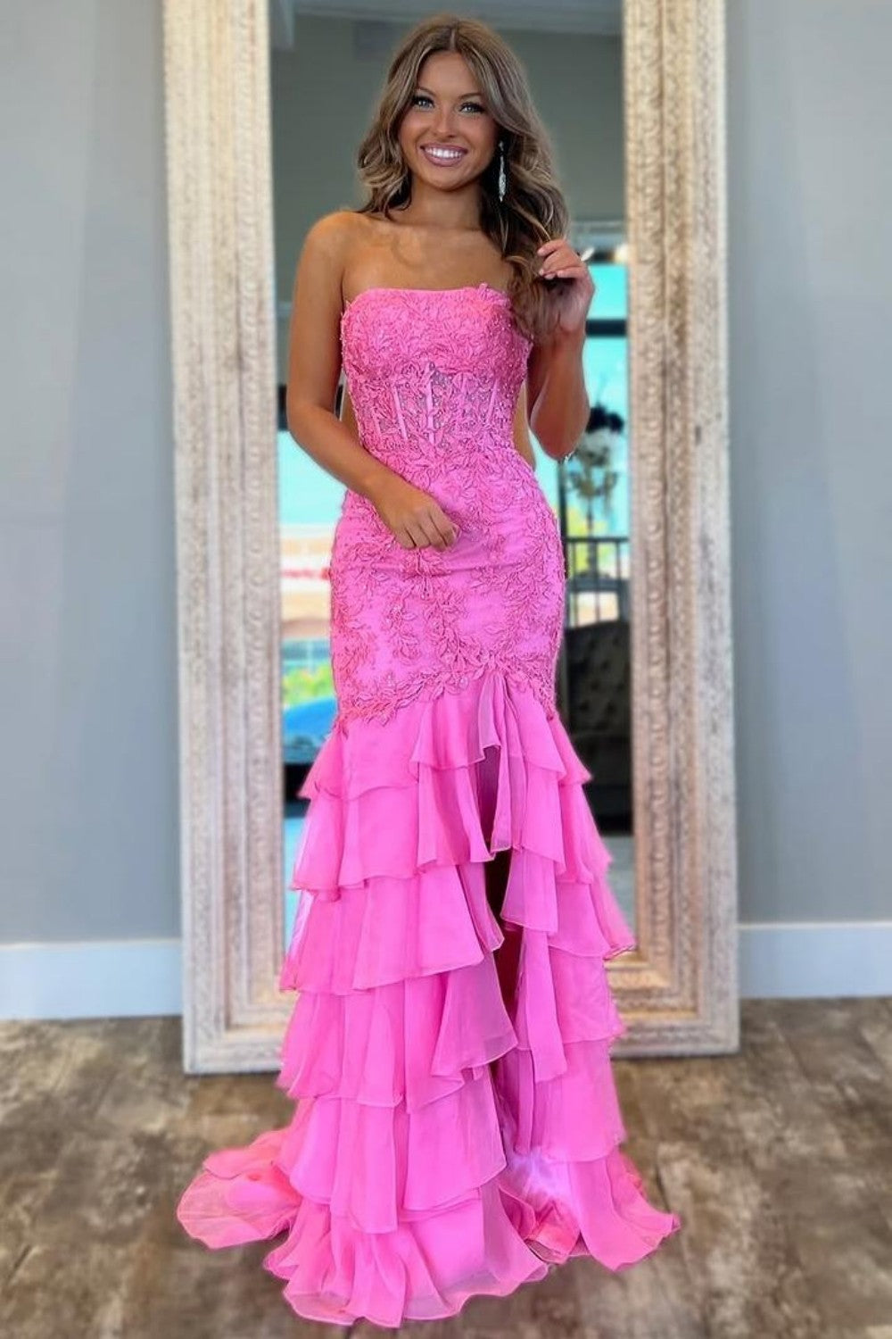 Mint Green Mermaid Strapless Lace Top Long Tiered Prom Dress