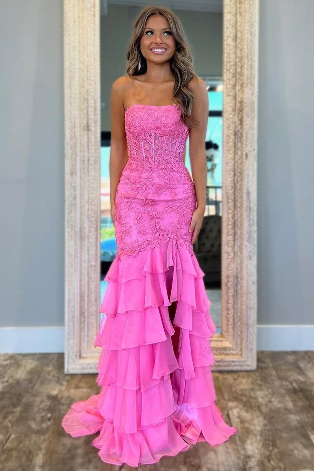 Mint Green Mermaid Strapless Lace Top Long Tiered Prom Dress