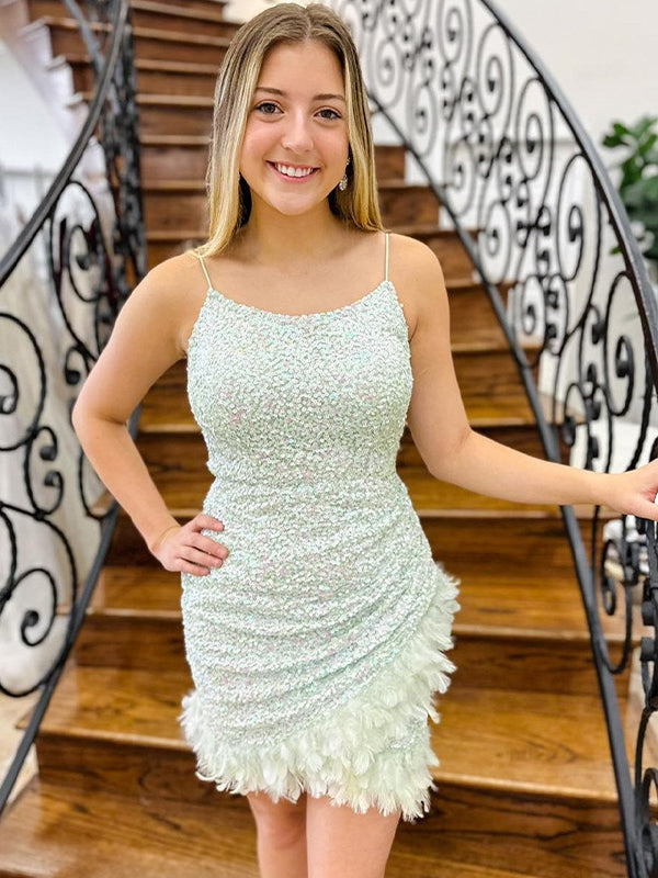 Sequin Spaghetti Strap Short Homecoming Dress with Feathers