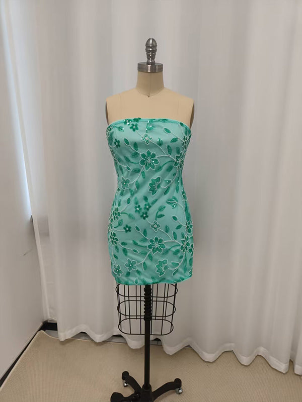 Blue Strapless Sequin Short Homecoming Dress with Appliques