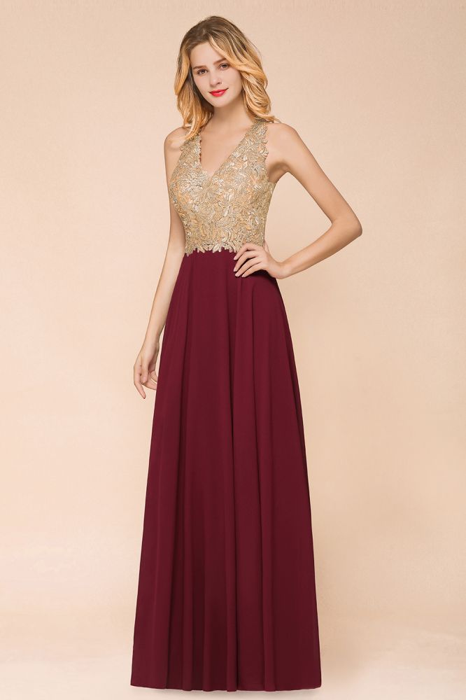 MisShow Women's Gold Appliques Evening Formal Dress Chiffon Lace Prom Long Ball Gown - VelvetHem