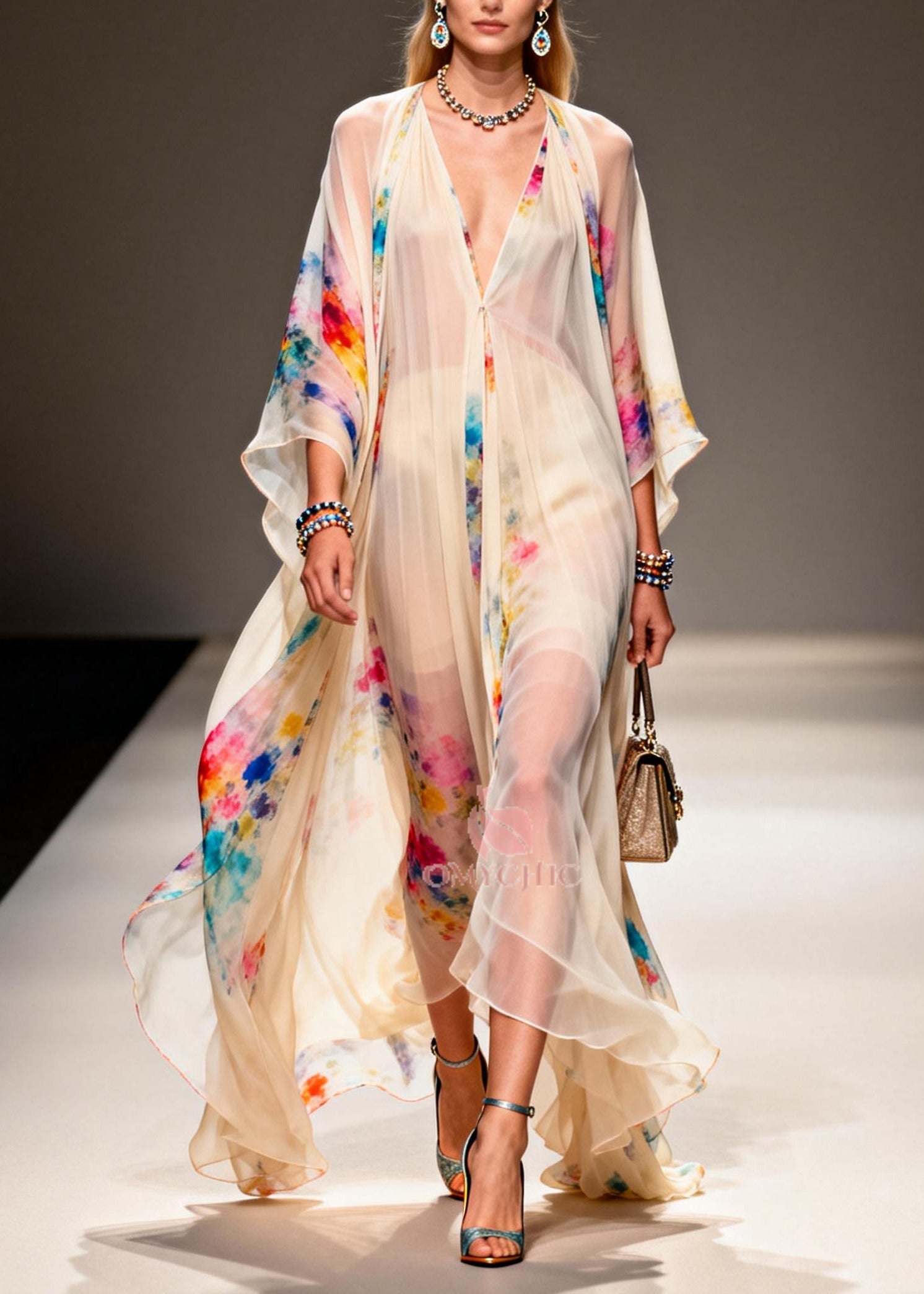 Modern Apricot V Neck Print Chiffon Holiday Dress Summer