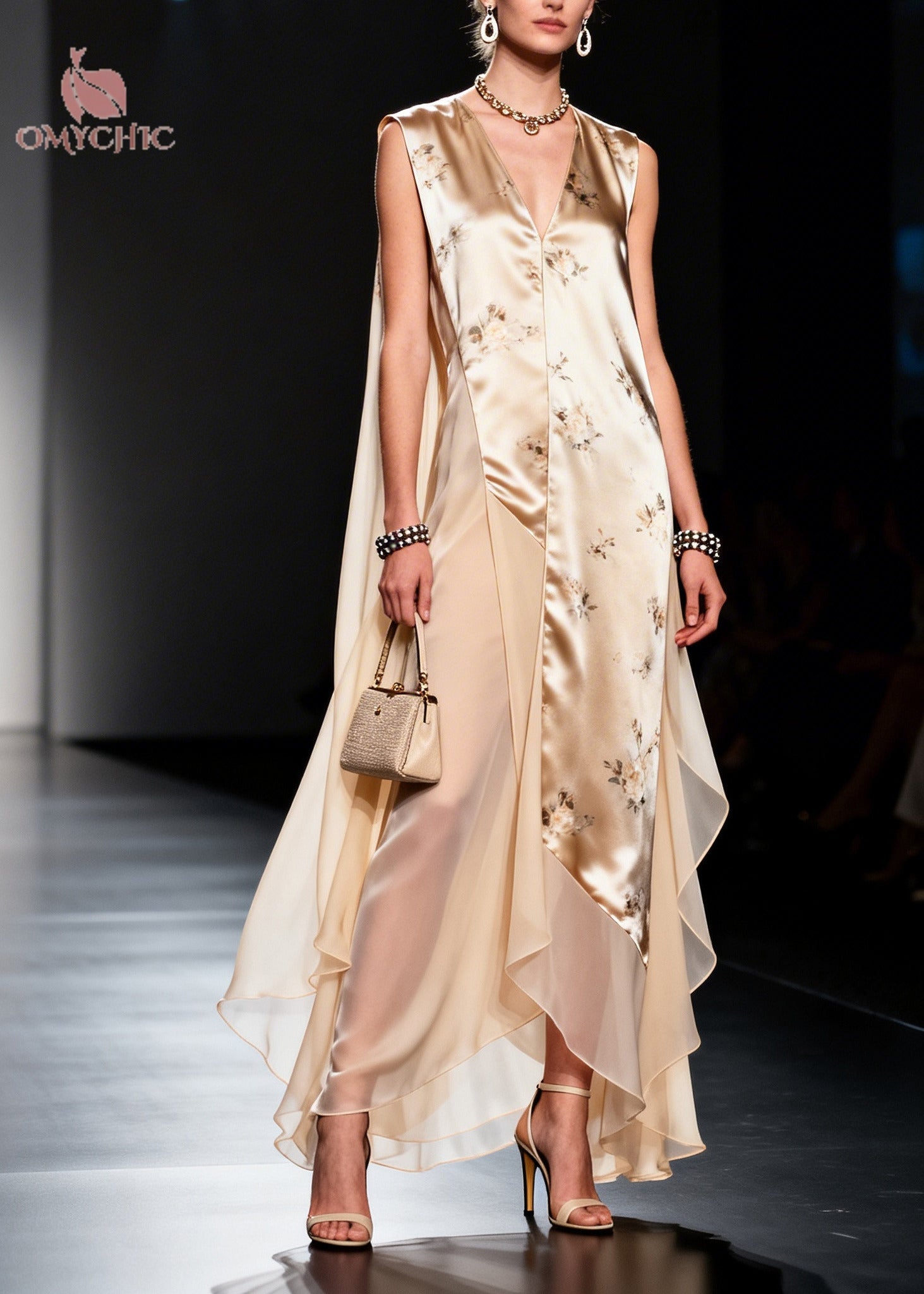 Modern Beige Asymmetrical Patchwork Chiffon Maxi Dresses Sleeveless