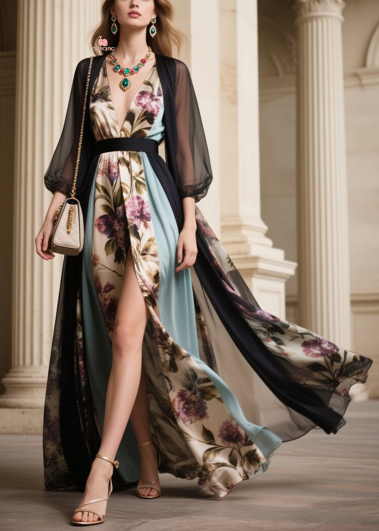 Modern Black V Neck Side Open Tulle Holiday Maxi Dress Fall