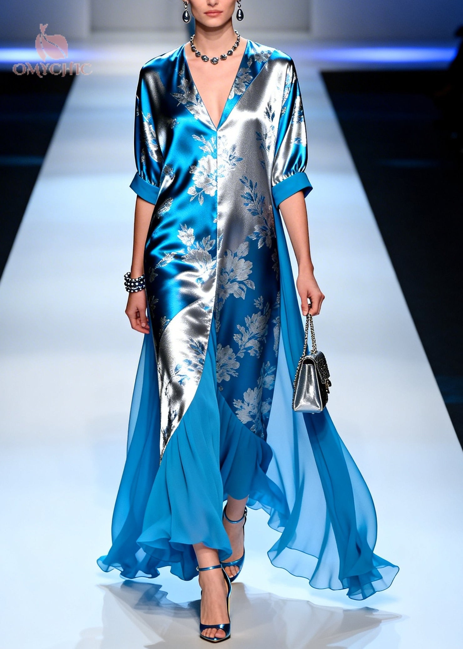 Modern Blue Jacquard Patchwork Draping Silk Maxi Dresses Summer