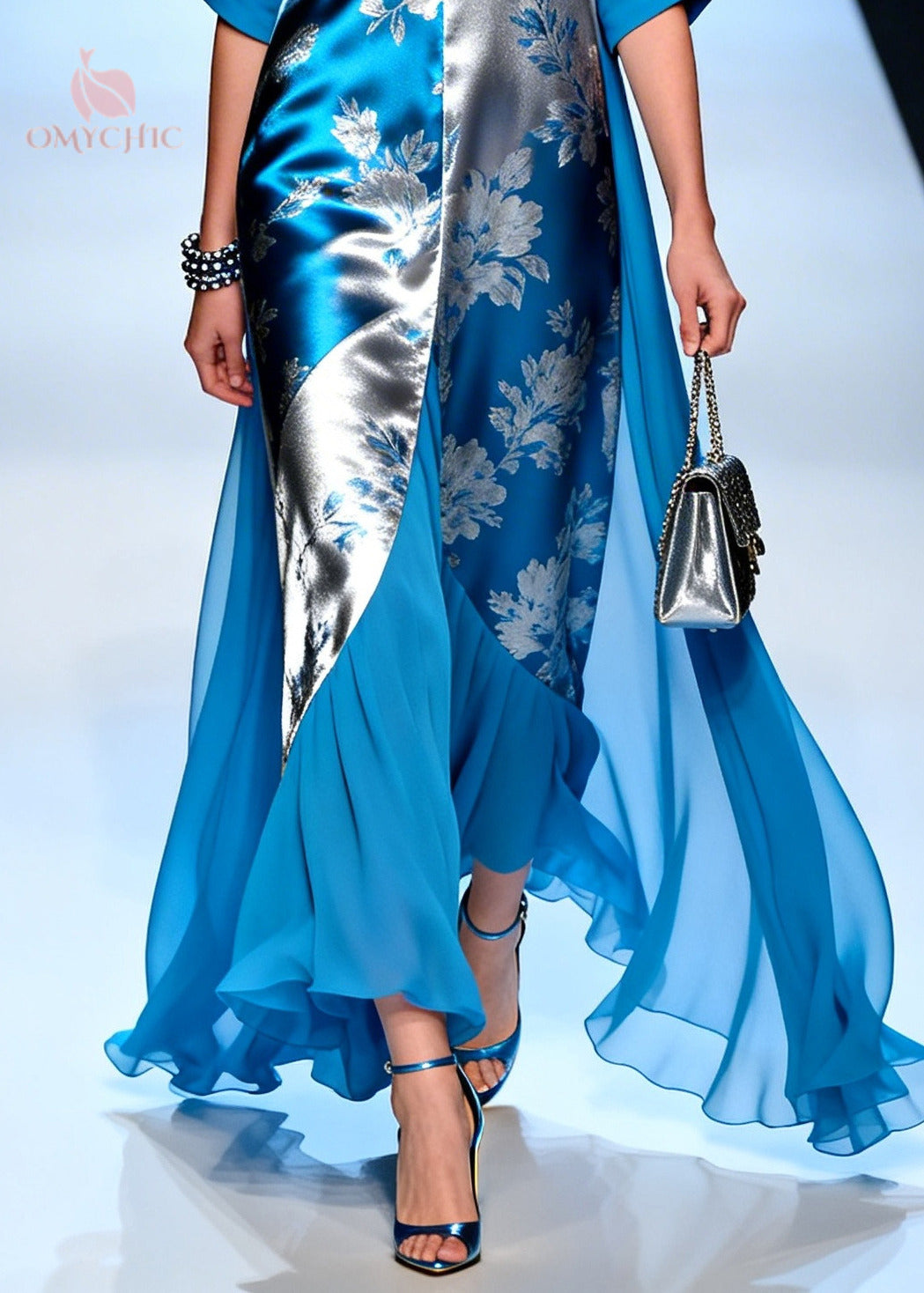 Modern Blue Jacquard Patchwork Draping Silk Maxi Dresses Summer